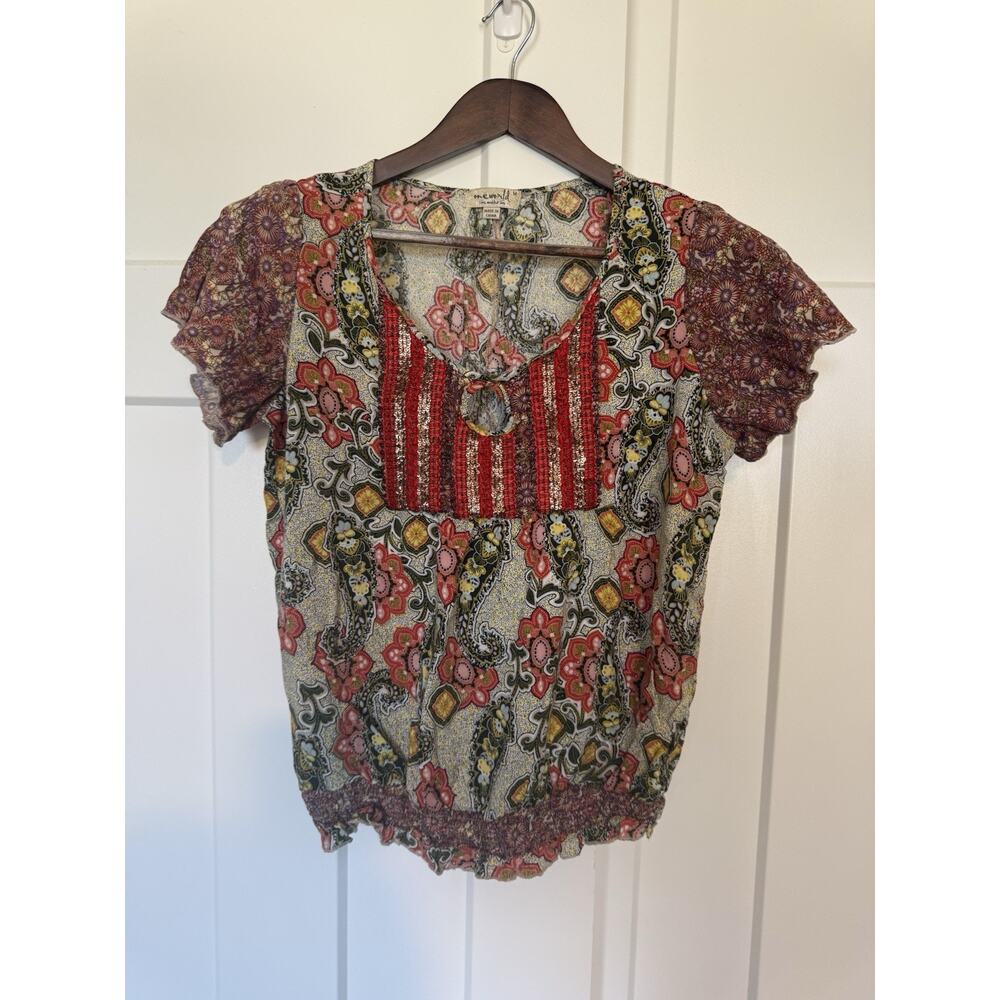 One World Women's Top Floral, Beaded, Boho - Medium, Smocked Bottom Y2K
